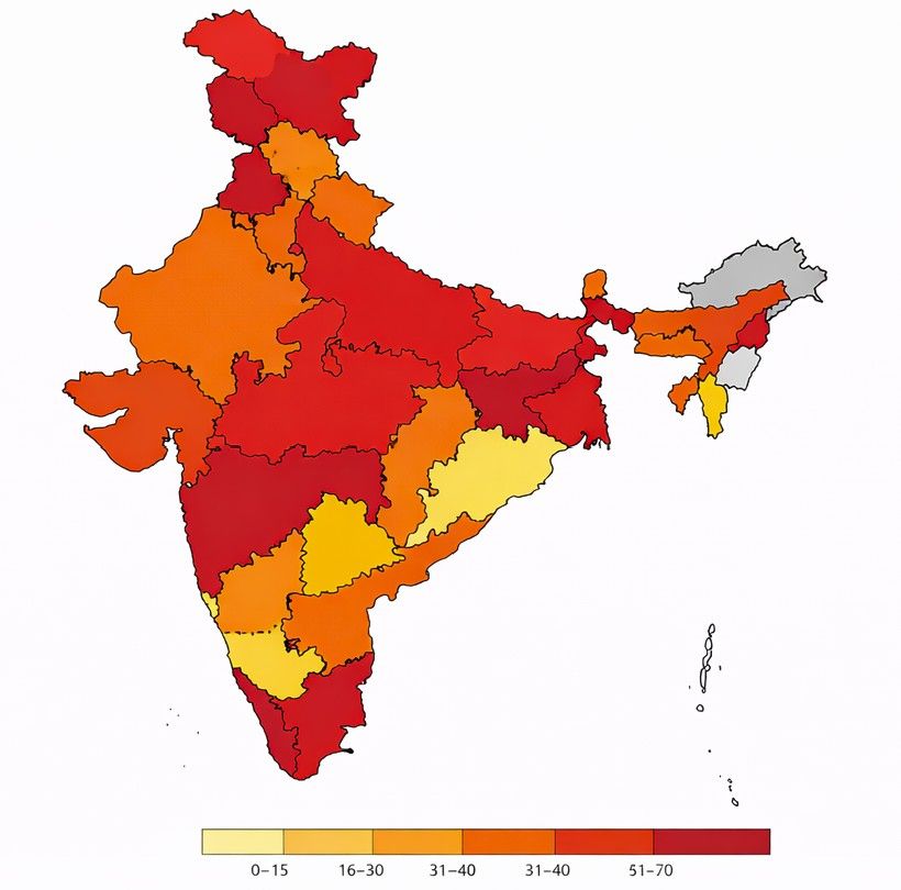 India map showing percentage of government school children in Std III who lag behind in language